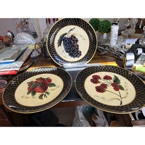 Raymond Waites Vintage  Fruit Botanical  Decorative Plates Set of 3 Black Gold